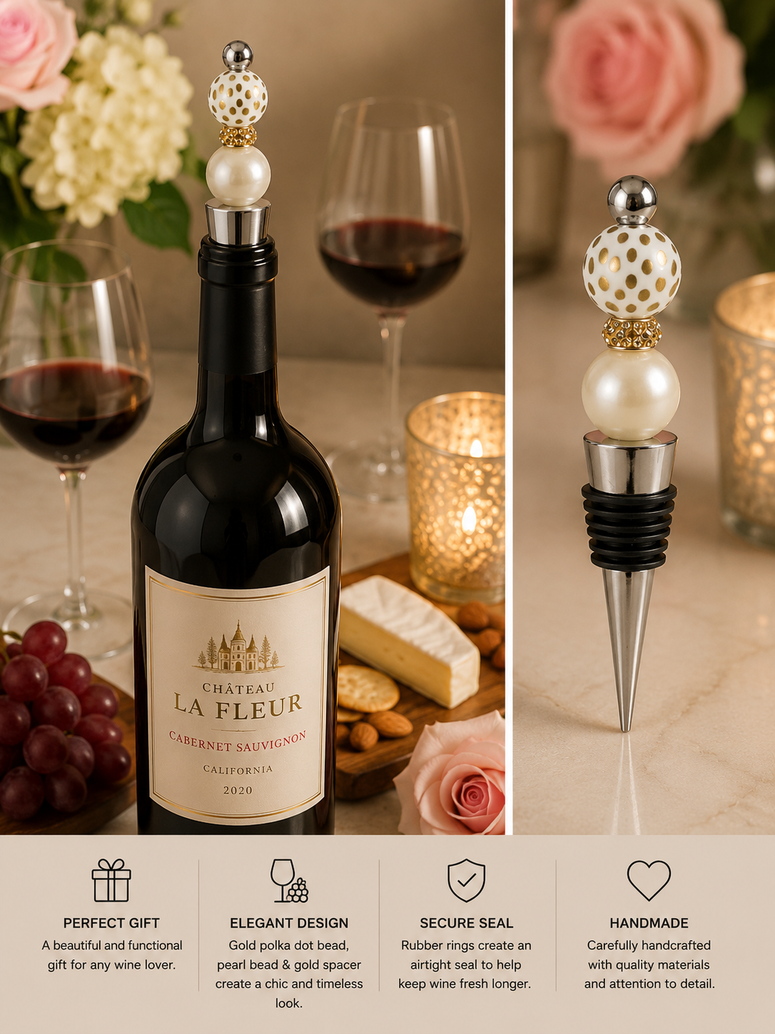 Gold Polka Dot & Pearl Handmade Wine Bottle Stopper