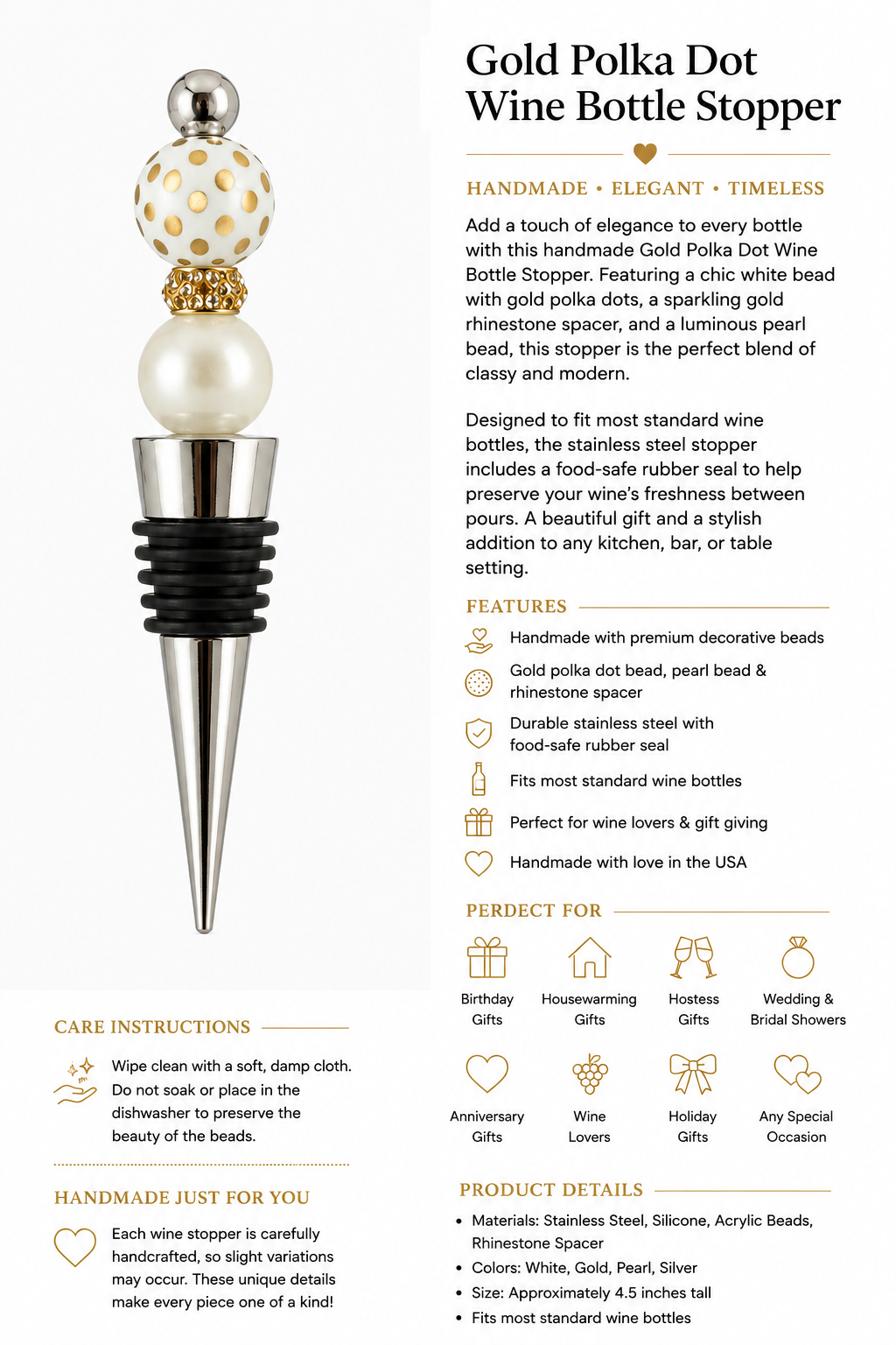 Gold Polka Dot & Pearl Handmade Wine Bottle Stopper