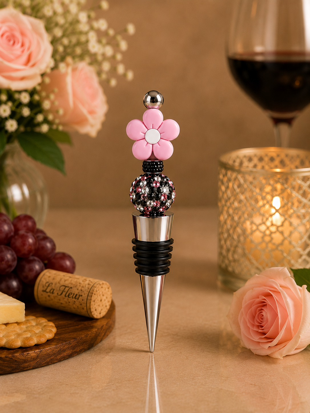 Pink Daisy Handmade Wine Bottle Stopper - Beads and Glimmer