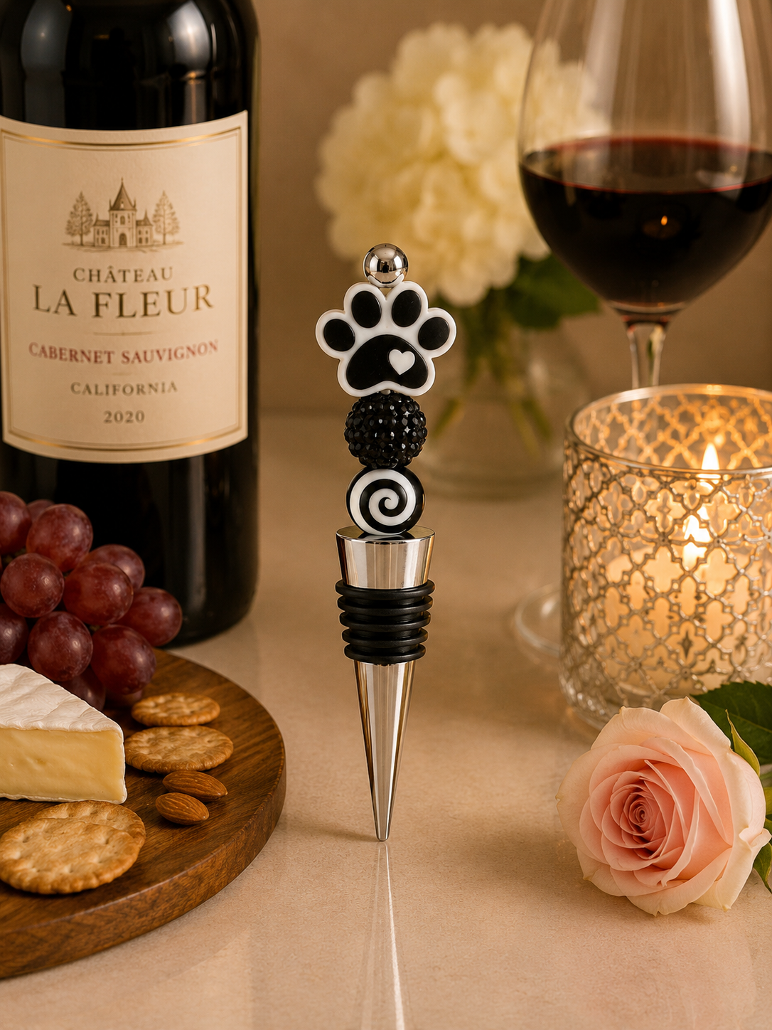 Black & White Paw Print Handmade Wine Bottle Stopper – Pet Lover Gift
