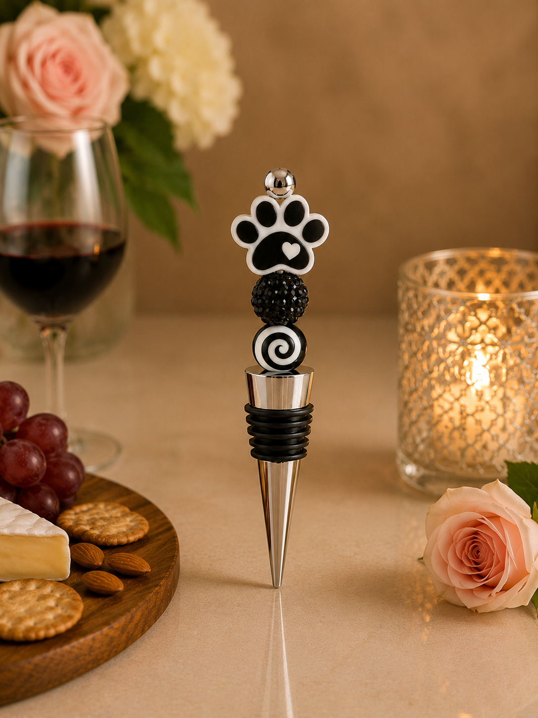 Black & White Paw Print Handmade Wine Bottle Stopper – Pet Lover Gift