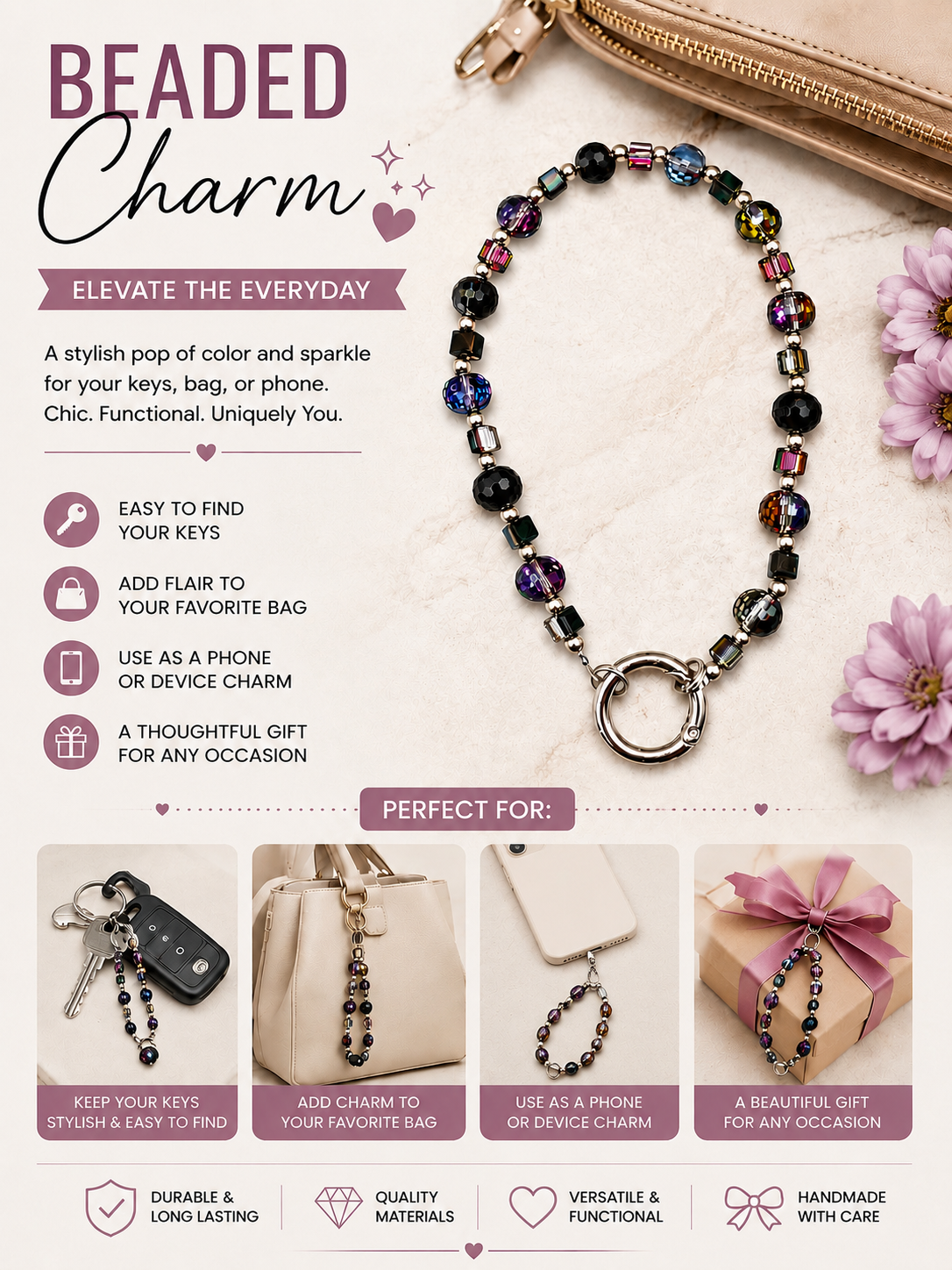 Midnight Crystal Charm - Phone Strap, Keychain & Bag Charm - Dark Glam Accessory
