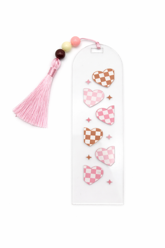Pink & Brown Checker Heart Acrylic Bookmark with Tassel