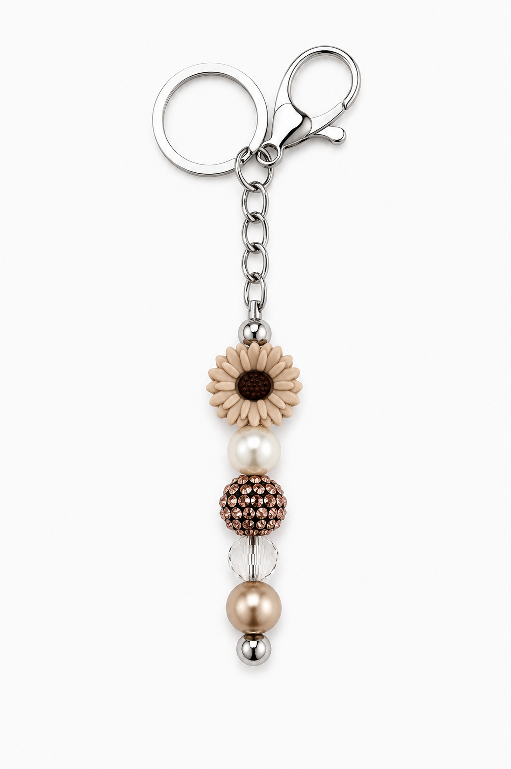 Taupe Daisy Keychain Bag Charm - Pearl & Mocha Rhinestone Beads