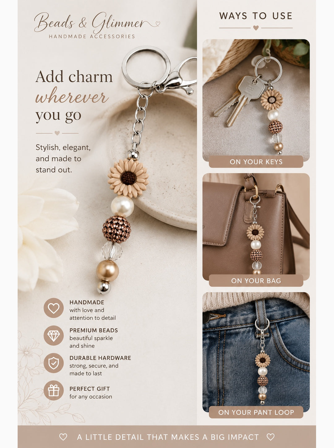 Taupe Daisy Keychain & Bag Charm - Pearl & Mocha Rhinestone Beads