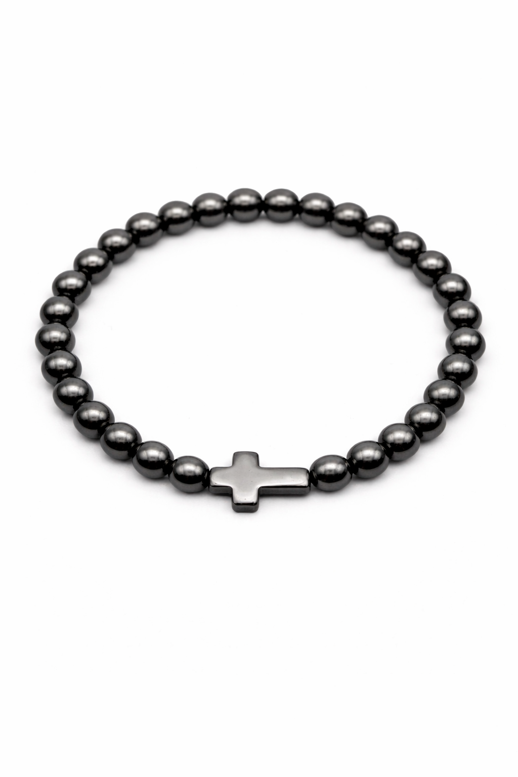 The Hematite Beaded Cross Bracelet – Polished Gunmetal Finish