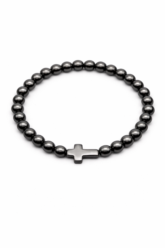 The Hematite Beaded Cross Bracelet – Polished Gunmetal Finish
