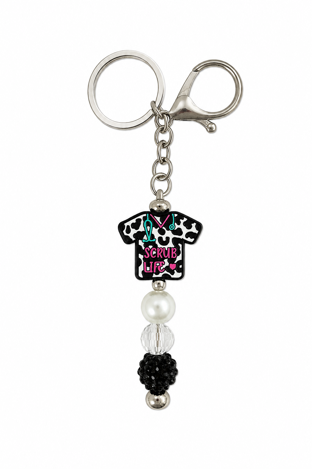 Scrub Life Nurse Keychain Bag Charm - Cow Print, Pearl & Black Sparkle Beads