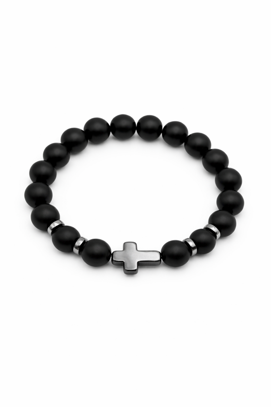 Black Onyx with Hematite Cross – 10mm Beaded Stretch Bracelet