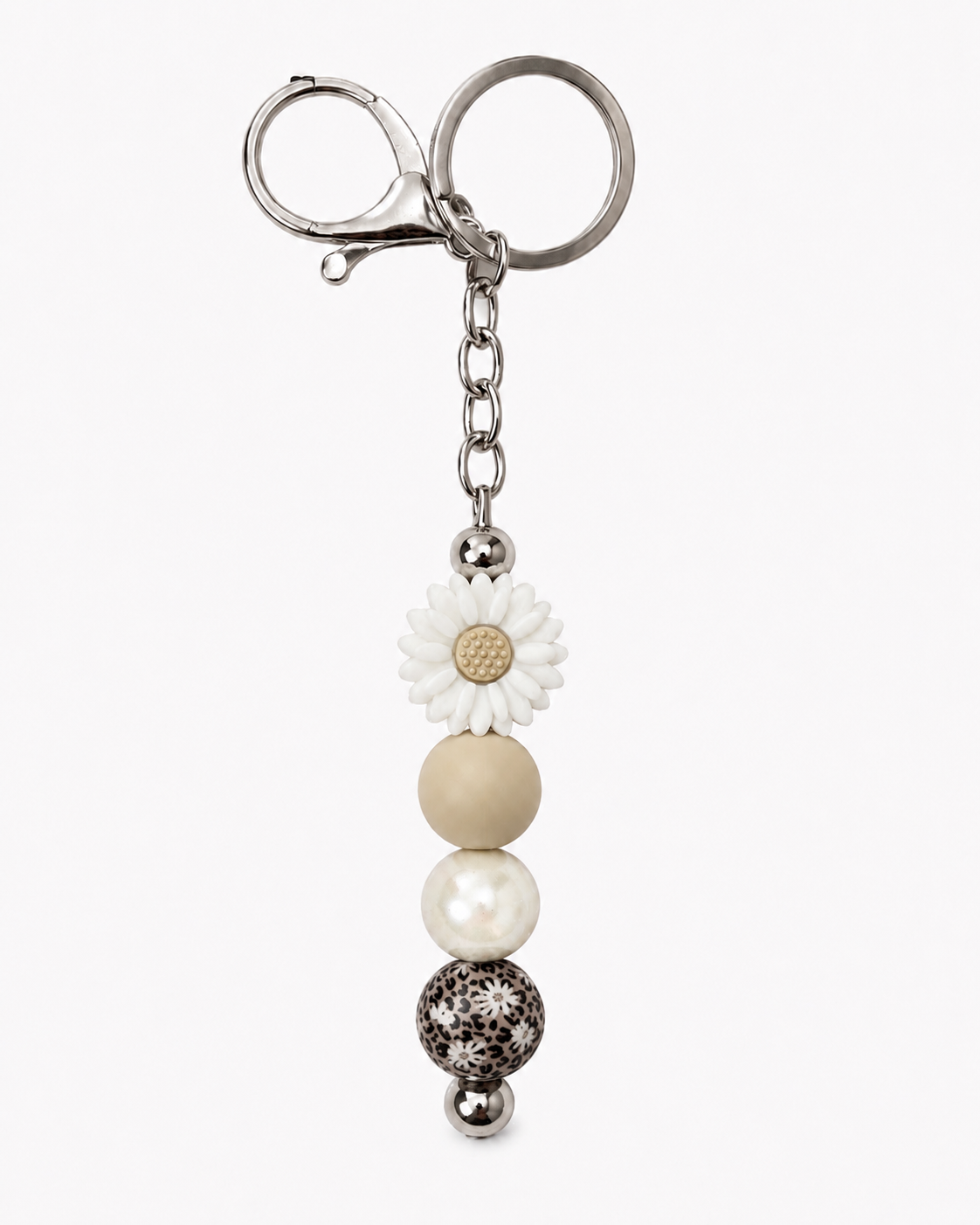 Daisy Leopard Beaded Keychain Bag Charm – Neutral Floral Keychain Bag Charm