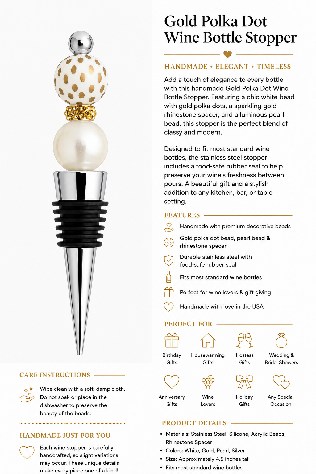 Gold Polka Dot & Pearl Handmade Wine Bottle Stopper