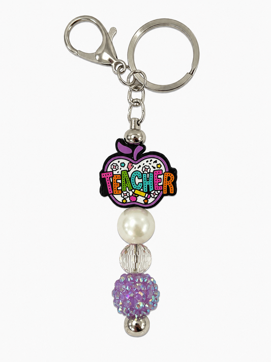 Teacher Apple Keychain Bag Charm - Purple Rhinestone Beaded Teacher Gift Charm