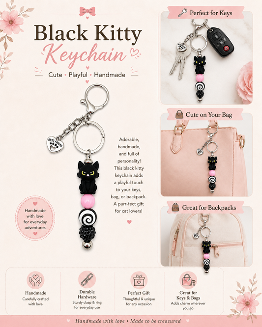 Black Cat Best Friend Keychain Bag Charm- Pink & Black Handmade Beaded Cat Lover Gift