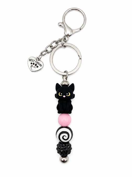 Black Cat Best Friend Keychain Bag Charm- Pink & Black Handmade Beaded Cat Lover Gift