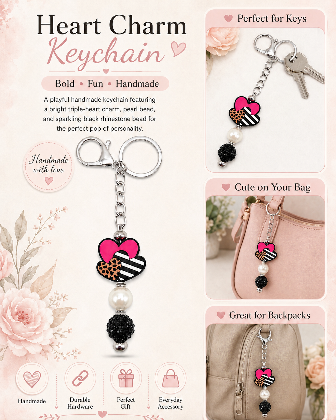 Heart Charm Beaded Keychain Bag Charm - Pink, Black & Leopard Accent