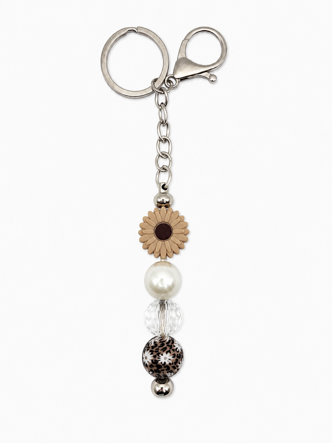 Taupe Daisy Leopard Beaded Keychain Bag Charm
