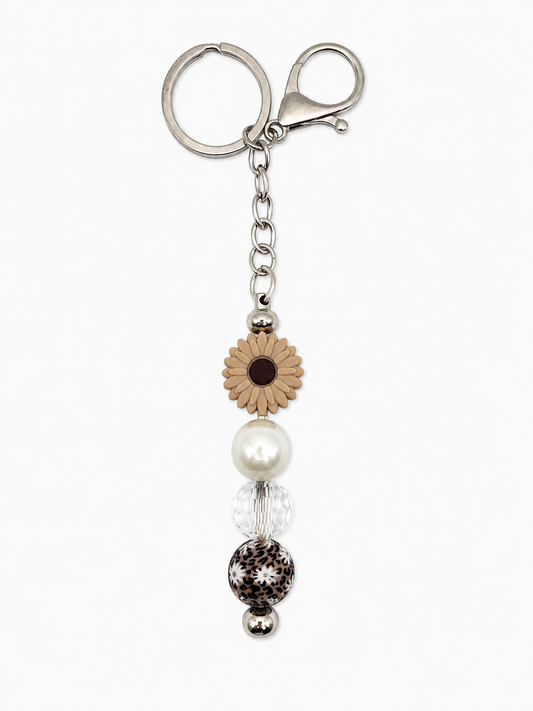 Taupe Daisy Leopard Beaded Keychain Bag Charm