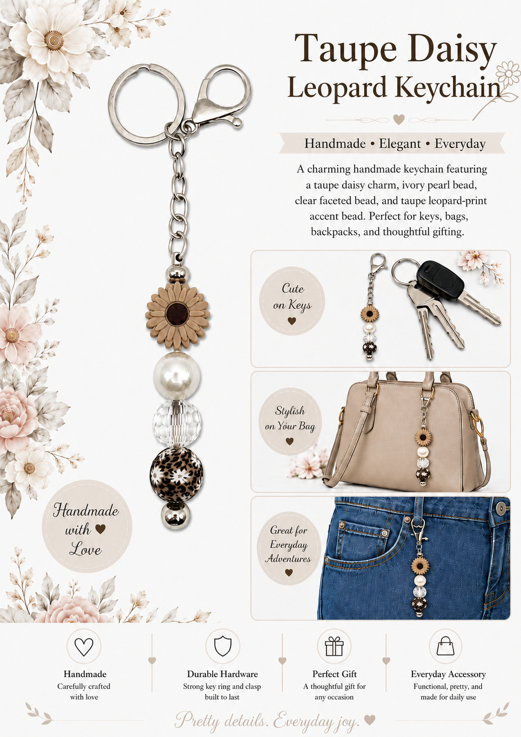 Taupe Daisy Leopard Beaded Keychain