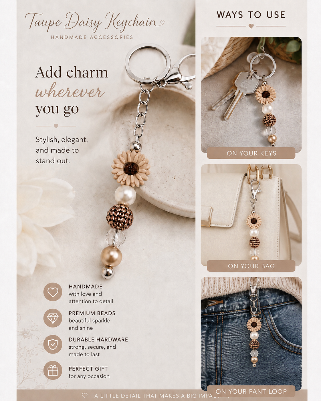 Taupe Daisy Keychain Bag Charm - Pearl & Mocha Rhinestone Beads