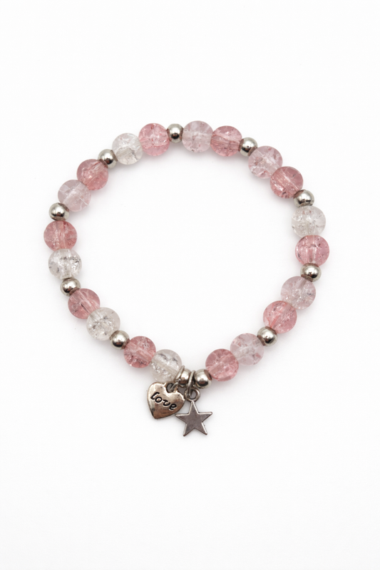 Pink & Clear Crackle Glass Bead Bracelet with Heart & Star Charms