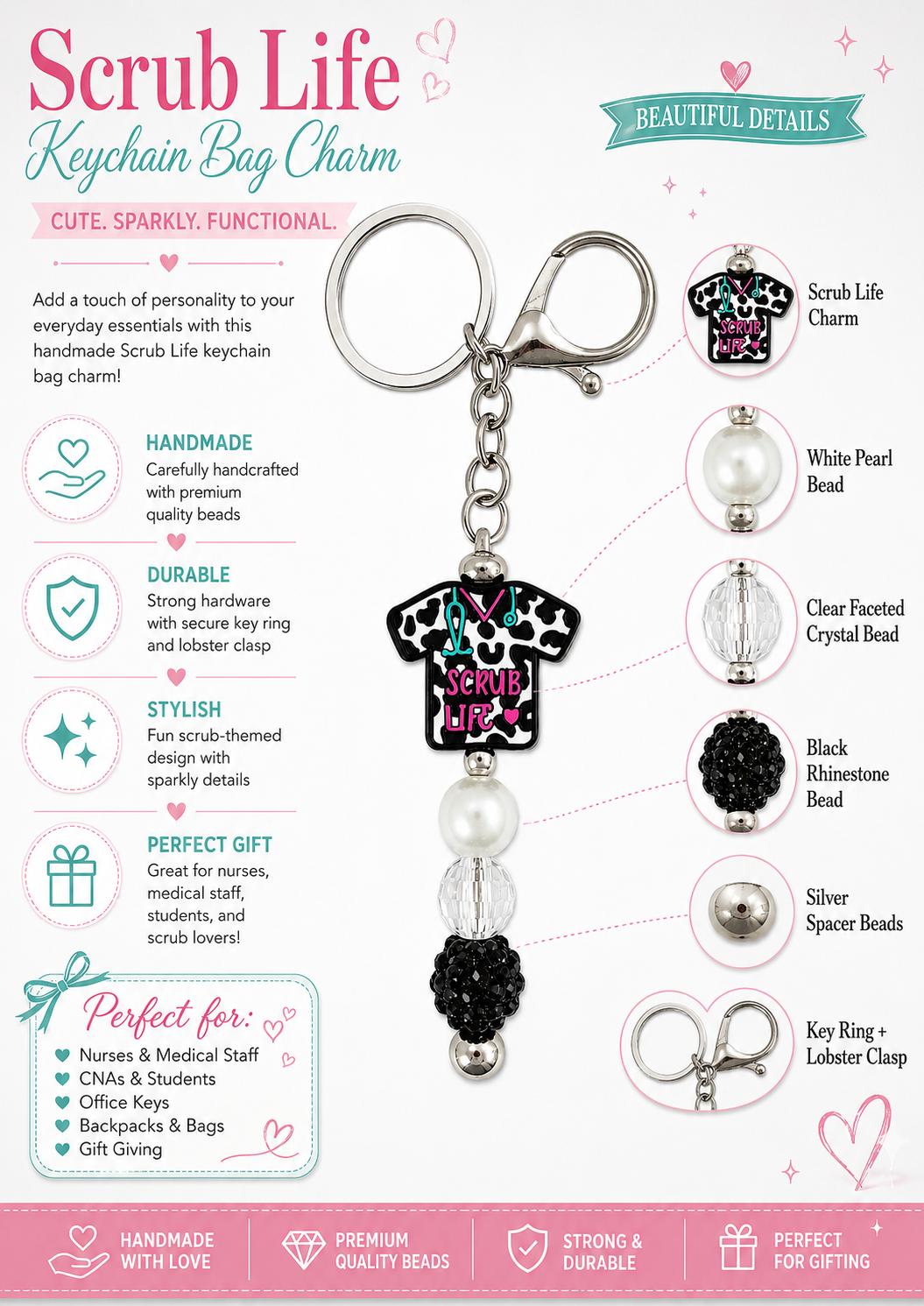 Scrub Life Nurse Keychain Bag Charm - Cow Print, Pearl & Black Sparkle Beads