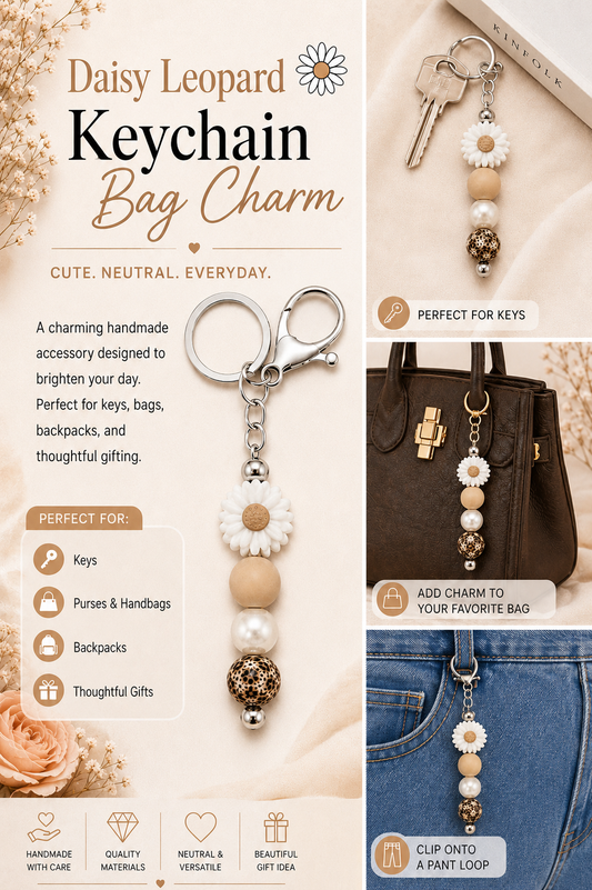 Daisy Leopard Beaded Keychain Bag Charm – Neutral Floral Keychain Bag Charm