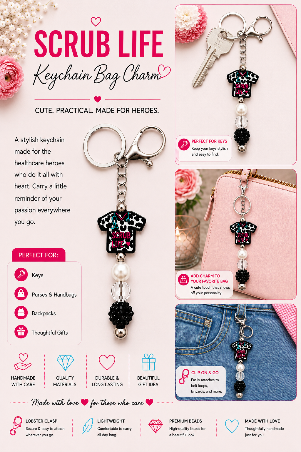Scrub Life Nurse Keychain Bag Charm - Cow Print, Pearl & Black Sparkle Beads