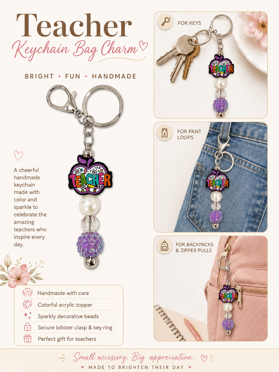 Teacher Apple Keychain Bag Charm - Purple Rhinestone Beaded Teacher Gift Charm