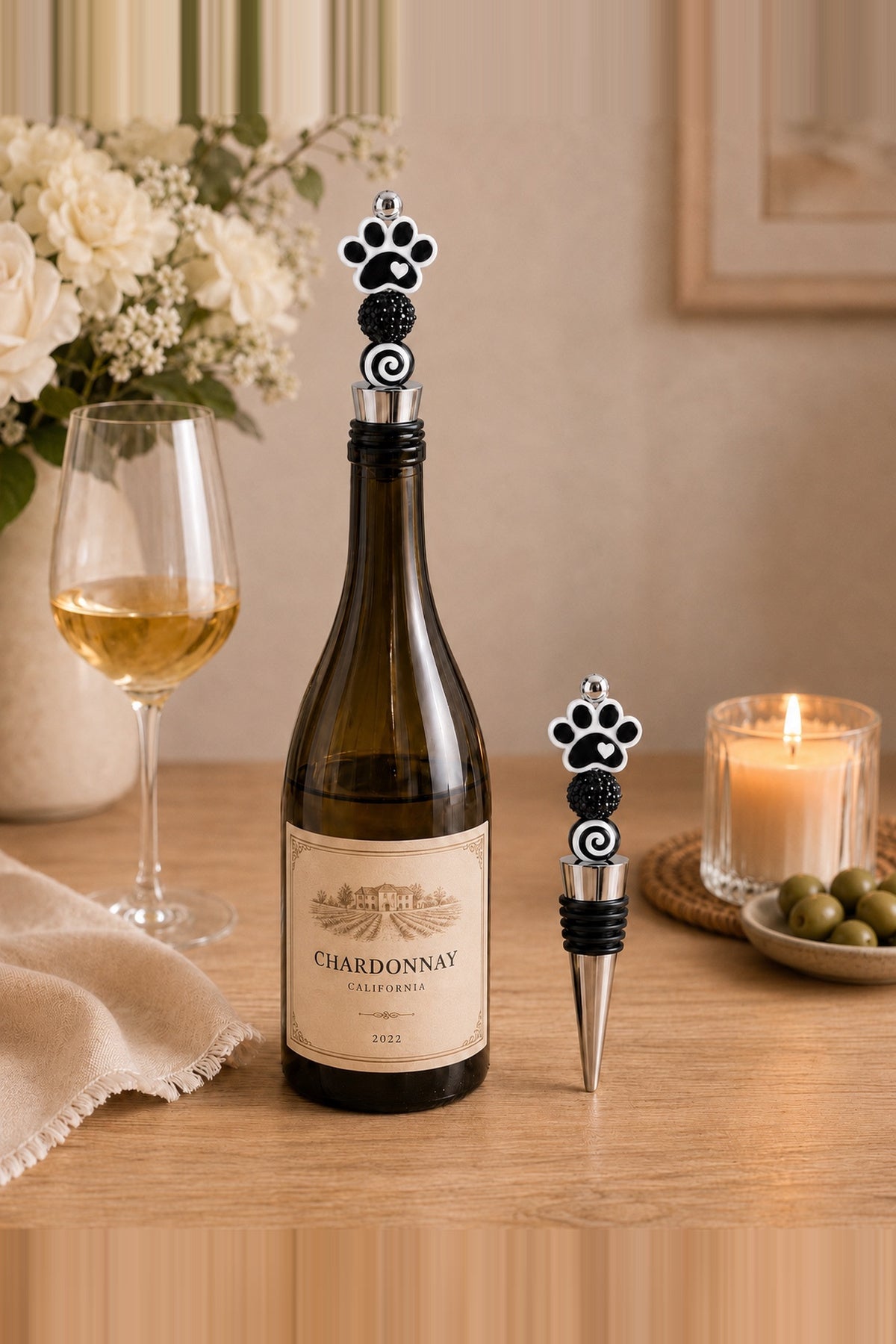 Black & White Paw Print Handmade Wine Bottle Stopper – Pet Lover Gift