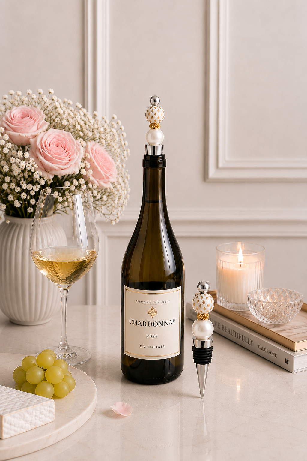 Gold Polka Dot & Pearl Handmade Wine Bottle Stopper