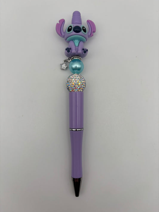 Stitch-Inspired Purple Bling Beaded Pen with Teal Pearl & Star Charm