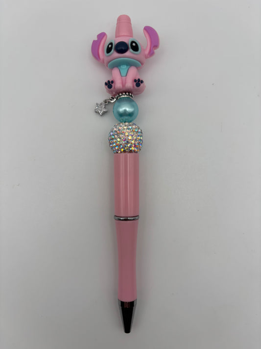 Stitch-Inspired Pink Bling Beaded Pen with Teal Pearl & Star Char