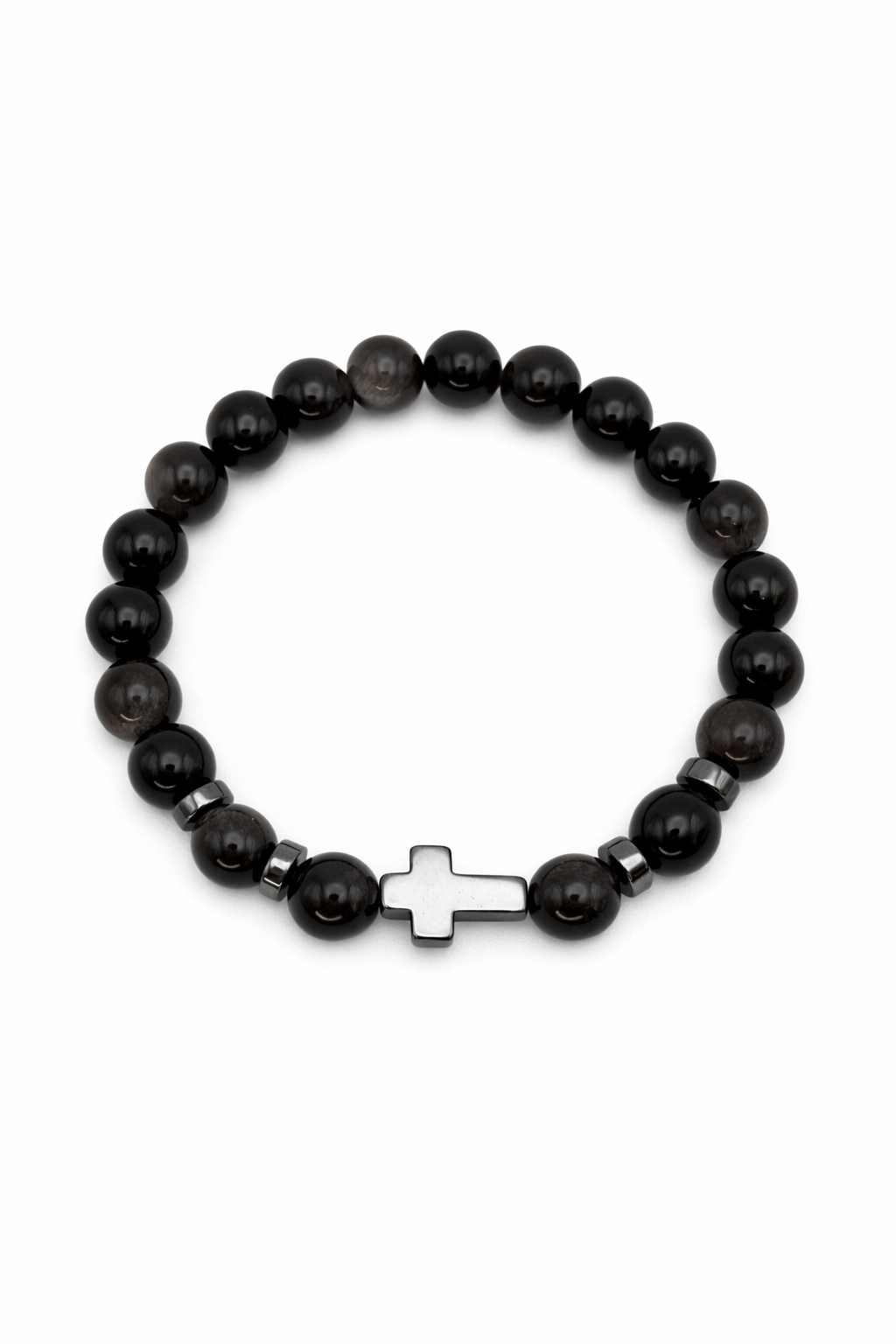 Obsidian Silvery Black with Hematite Cross - 8mm Beaded Stretch Bracelet