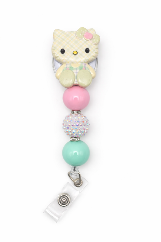 Kitty Mint Plaid Pastel Beaded Badge Reel – Handmade ID Holder