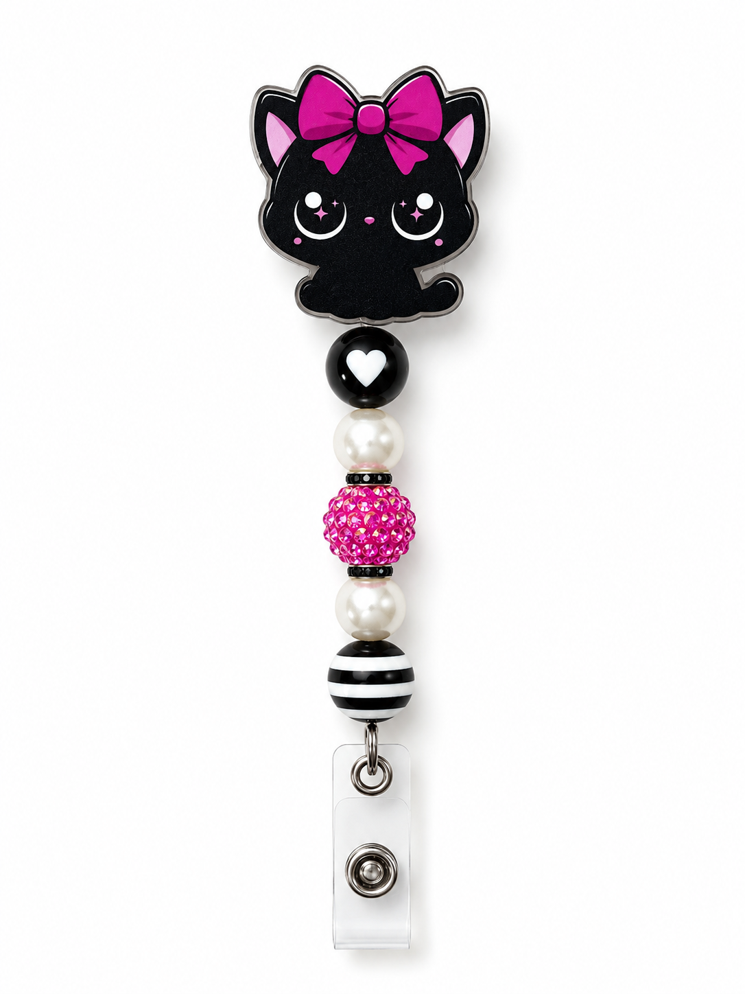Pretty Kitty Beaded Badge Reel – Black Cat Badge Holder with Hot Pink Sparkle Beads