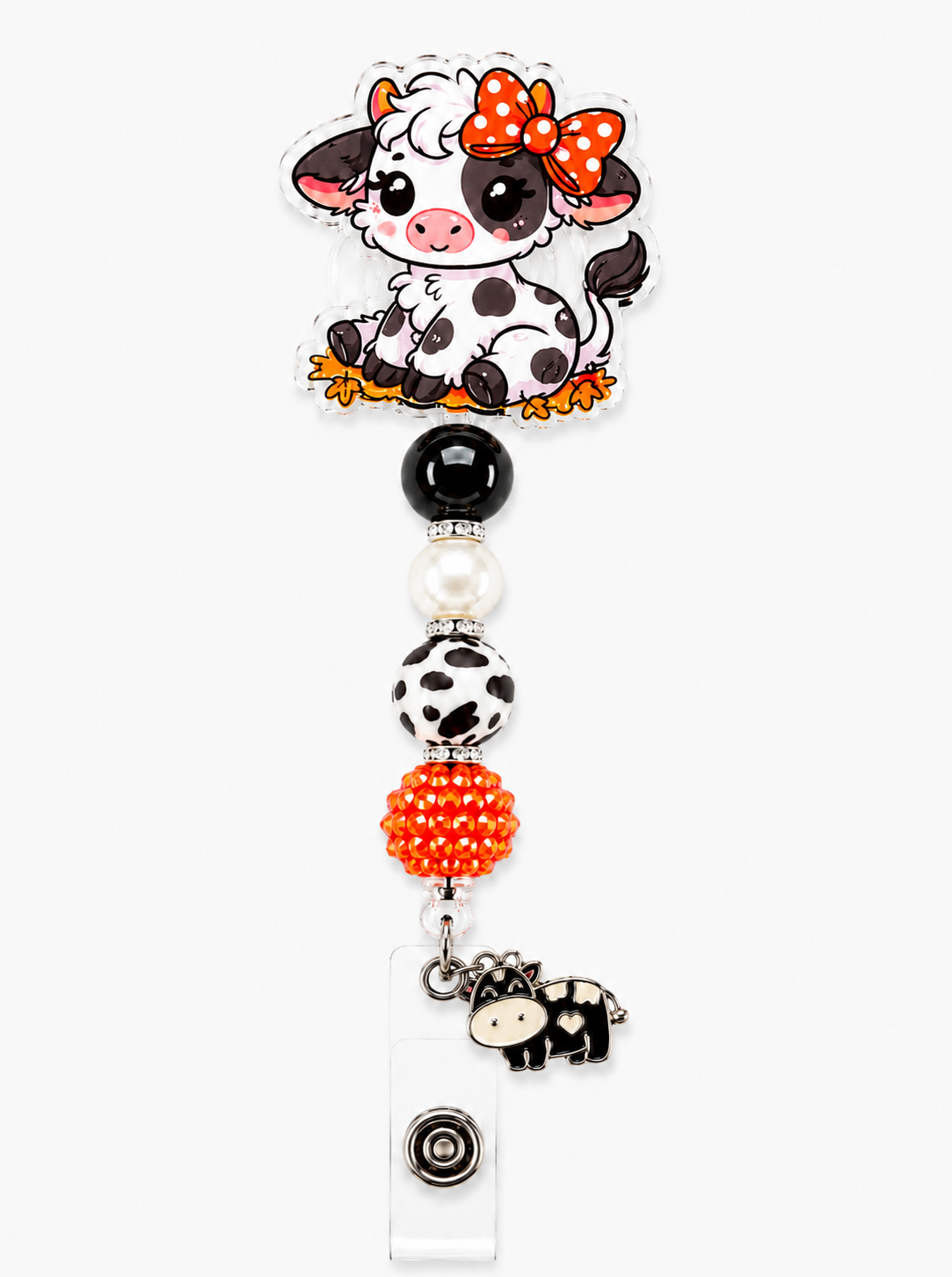 Autumn Cow Beaded Badge Reel with Matching Cow Charm