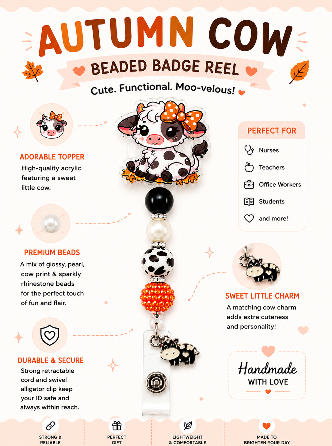 Autumn Cow Beaded Badge Reel with Matching Cow Charm