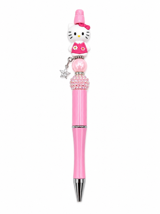 Pink Kitty Beaded Pen with Sparkly Bead & Crystal Star Charm – Cute Handmade Gift Pen