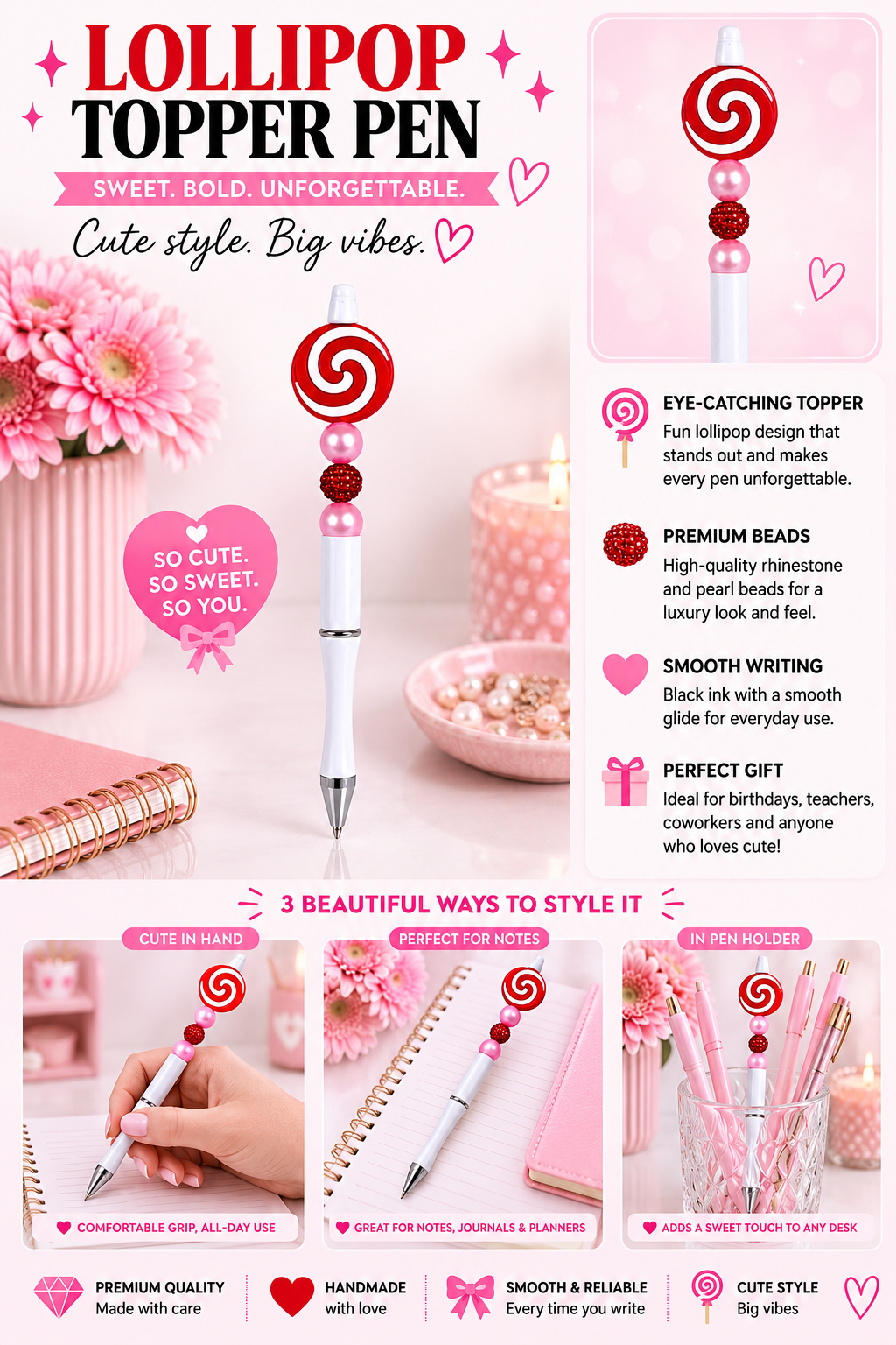 Swirl Lollipop Beaded Pen – Handmade with Pink Pearl & Red Rhinestone Beads