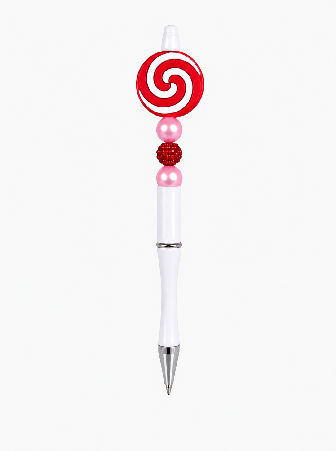 Swirl Lollipop Beaded Pen – Handmade with Pink Pearl & Red Rhinestone Beads