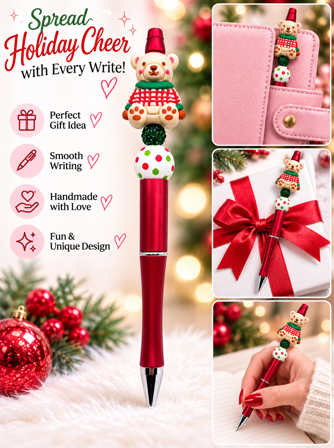 Christmas Teddy Bear Beaded Pen – Cute Handmade Holiday Gift & Stocking Stuffer