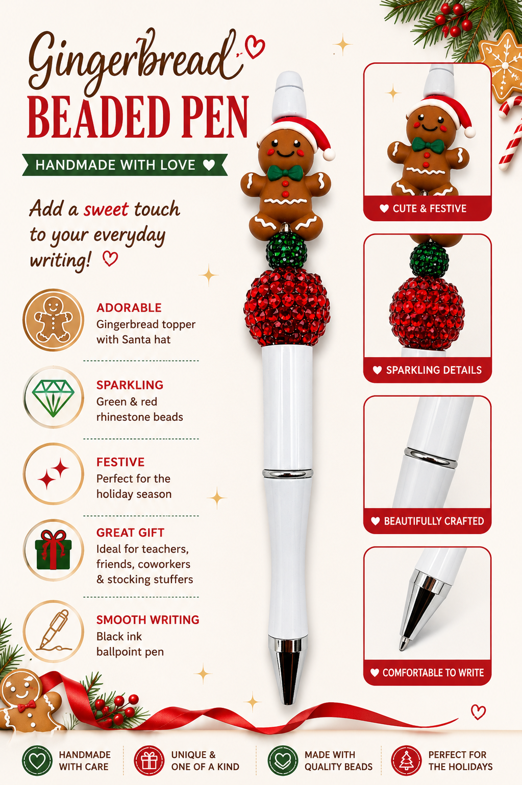 Gingerbread Man Beaded Pen with Red & Green Sparkle Beads - Cute Holiday Handmade Gift
