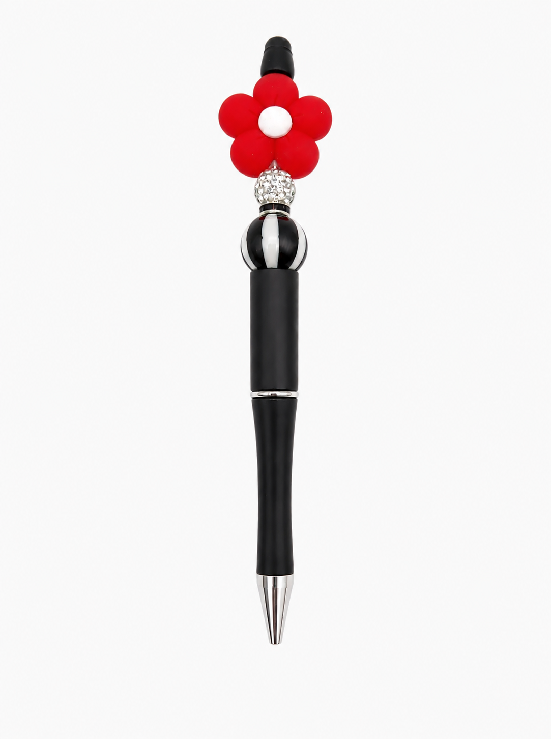 Red Daisy Beaded Pen with Black and White Striped Bead