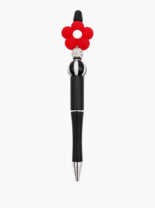 Red Daisy Beaded Pen with Black and White Striped Bead