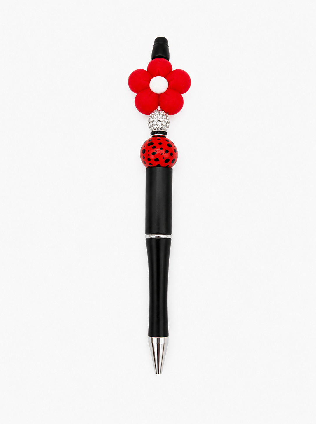 Red Daisy Beaded Pen with Ladybug Bead – Handmade Floral Ballpoint Pen