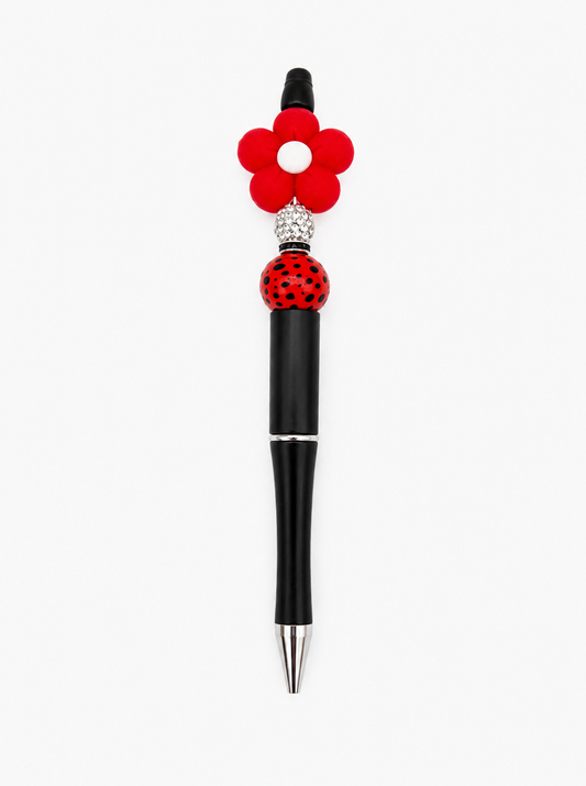 Red Daisy Beaded Pen with Ladybug Bead – Handmade Floral Ballpoint Pen