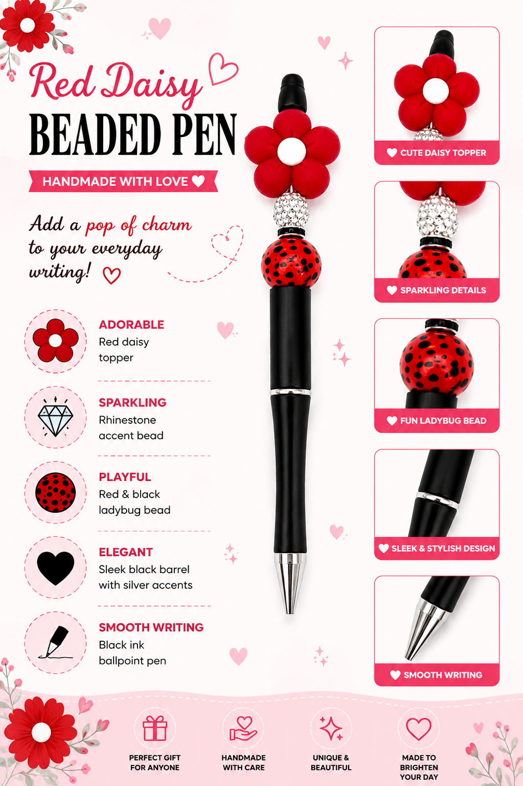Red Daisy Beaded Pen with Ladybug Bead – Handmade Floral Ballpoint Pen