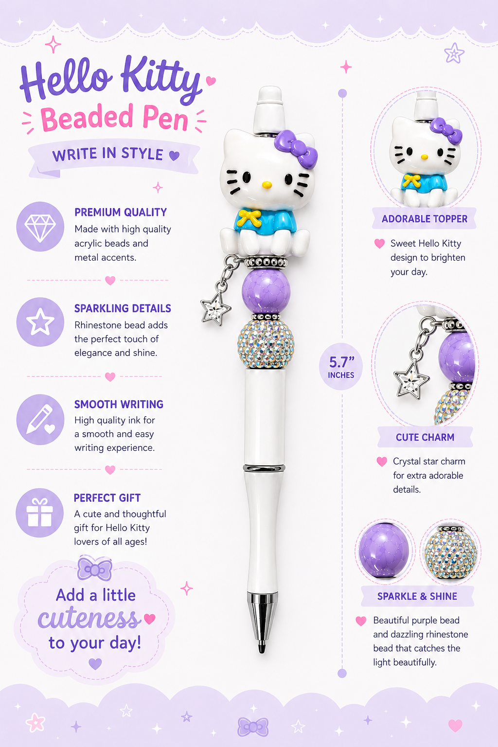 Purple Bow Kitty Bling Beaded Pen with Lavender Pearl