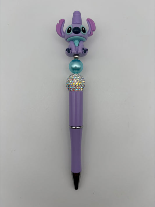 Stitch-Inspired Purple Bling Beaded Pen with Teal Pearl Bead