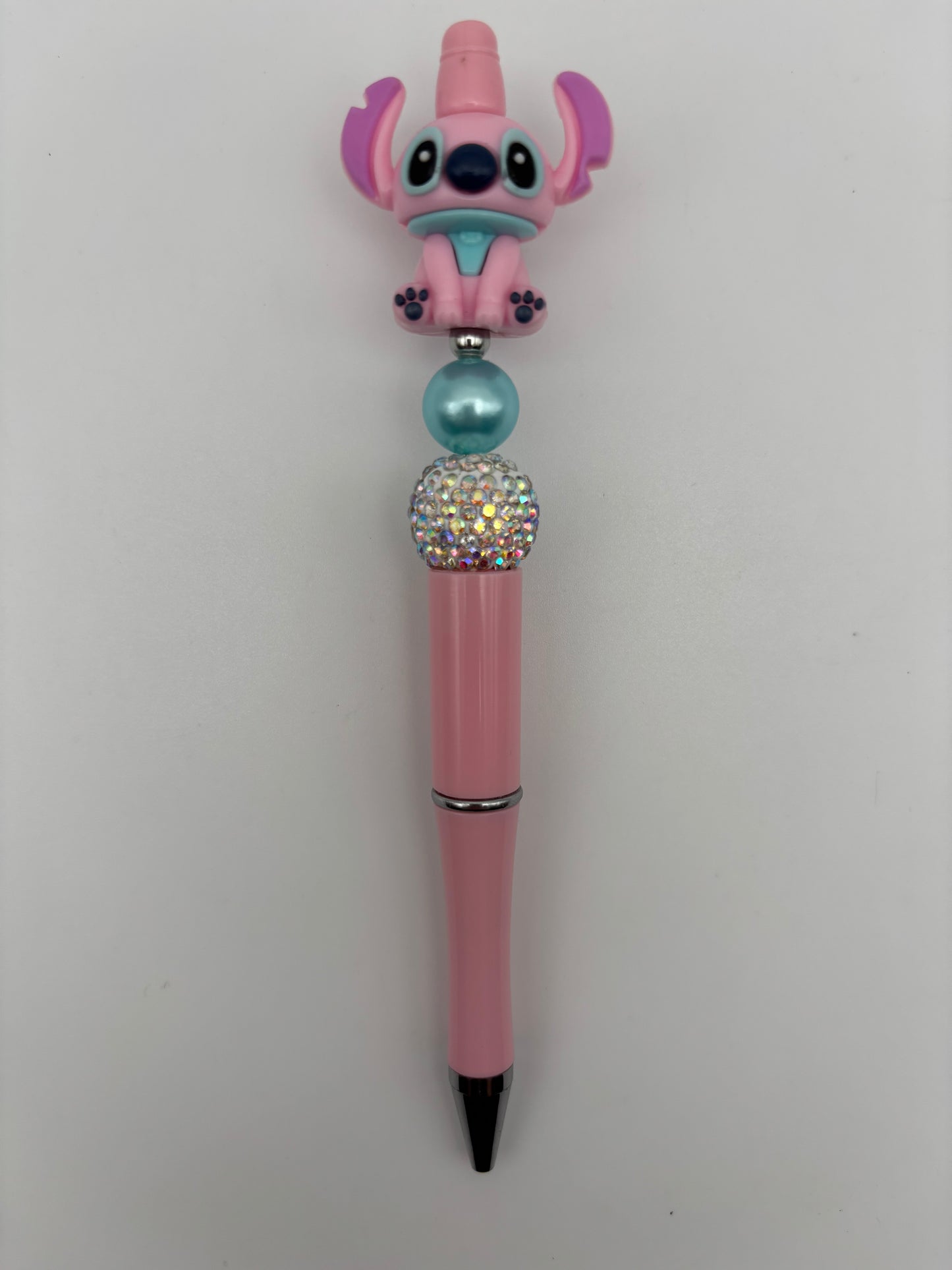 Stitch-Inspired Pink Bling Beaded Pen with Teal Pearl Bead